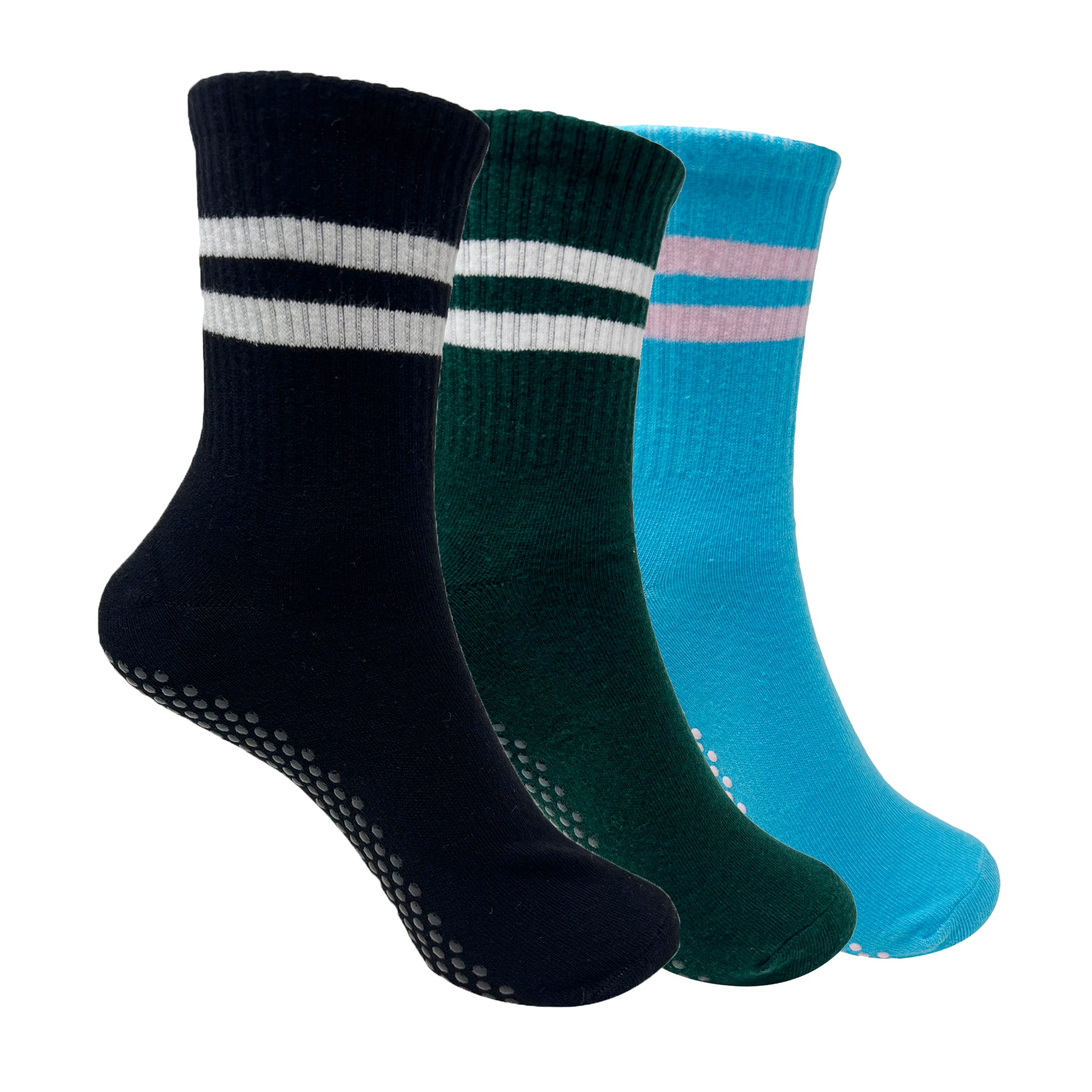 Yoga and Pilates Crew/ Full length Non-Slip Socks for Women - Set of 3 (Black, Bottle Green, Light Blue & Pink)