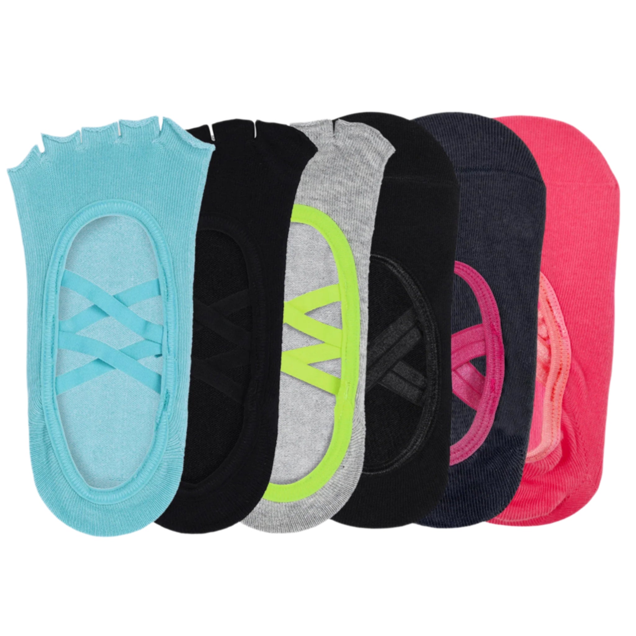 Yoga and Pilates Non-Slip Socks for Women - Set of 6 (Light Blue, Black, Grey & Neon Green, Black, Grey, Peach)