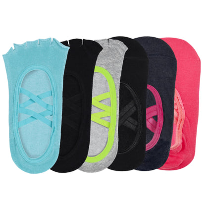 Yoga and Pilates Non-Slip Socks for Women - Set of 6 (Light Blue, Black, Grey & Neon Green, Black, Grey, Peach)