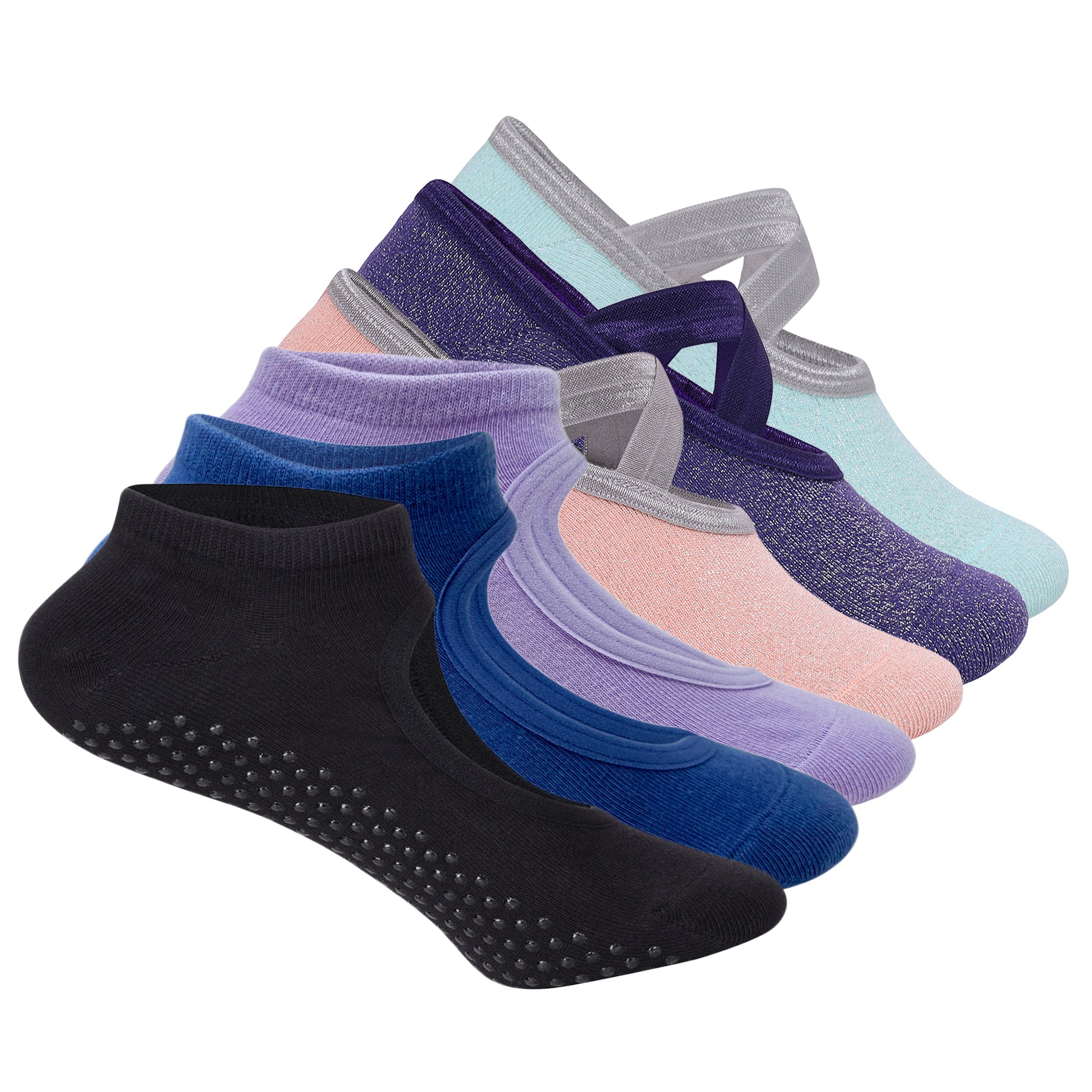 Yoga and Pilates Non-Slip Socks for Women - Set of 6 (Black, Royal Blue, Light Purple, Pink, Purple, Mint Green)