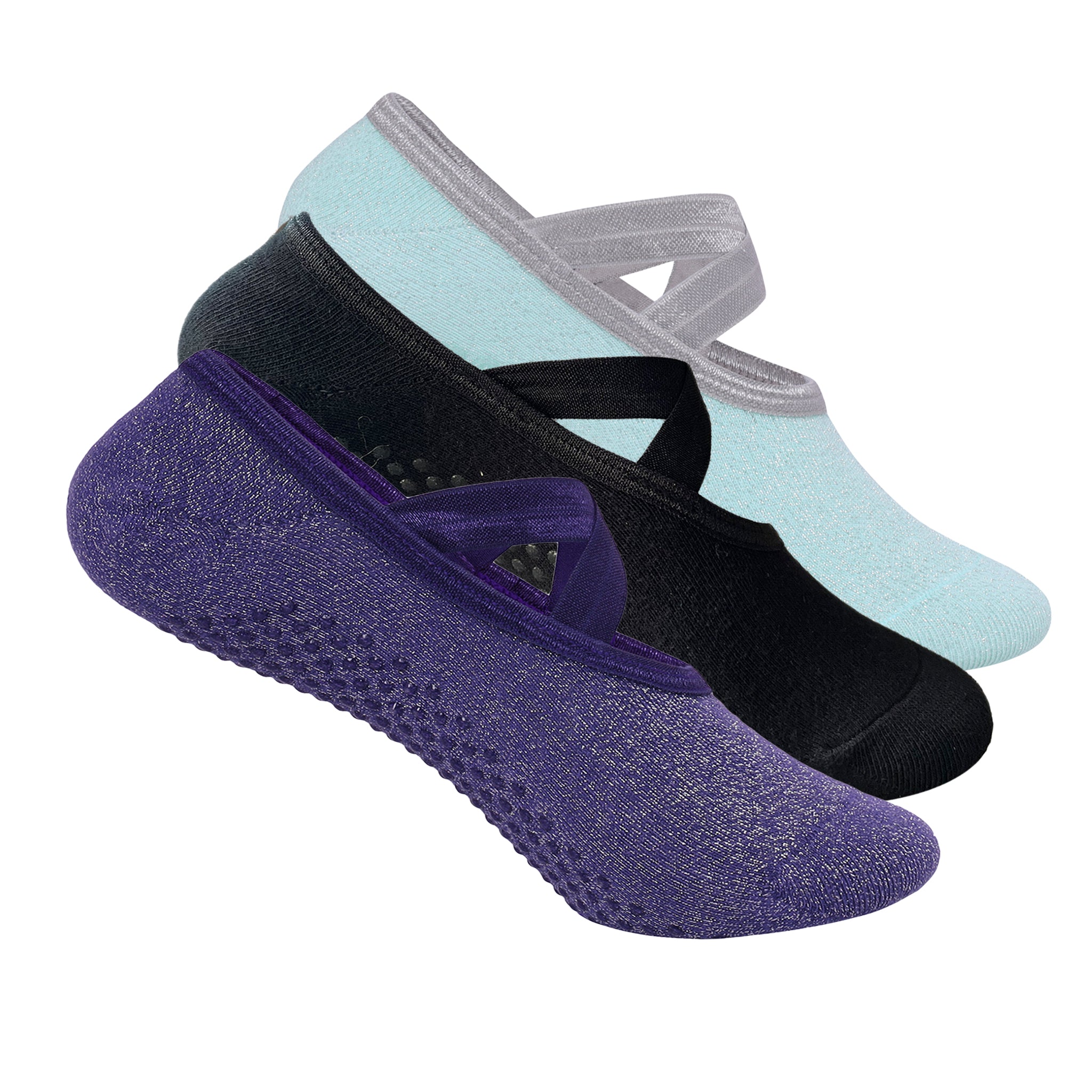 Yoga and Pilates Non-Slip Socks for Women - Set of 3 (Purple, Black, Mint Green)