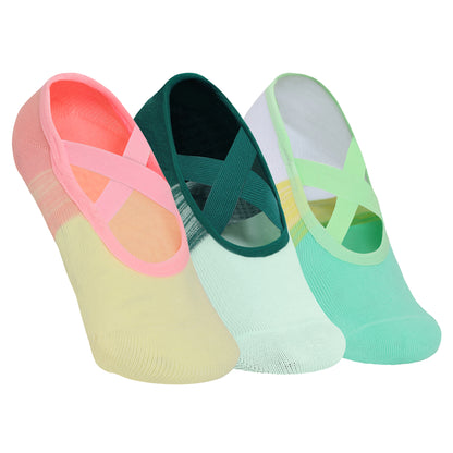 Yoga and Pilates Non-Slip Socks for Women - Set of 3 (Two Toned White & turquoise green, Mint Green & Dark Green, Cream & Pink)