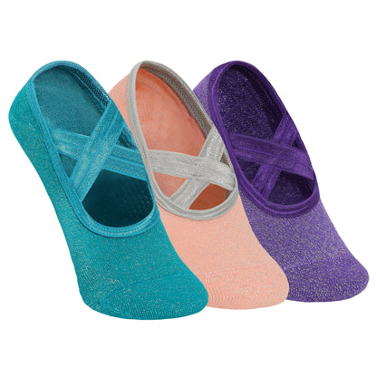 Yoga and Pilates Non-Slip Socks for Women - Set of 3 (Purple, Pink & Blue)