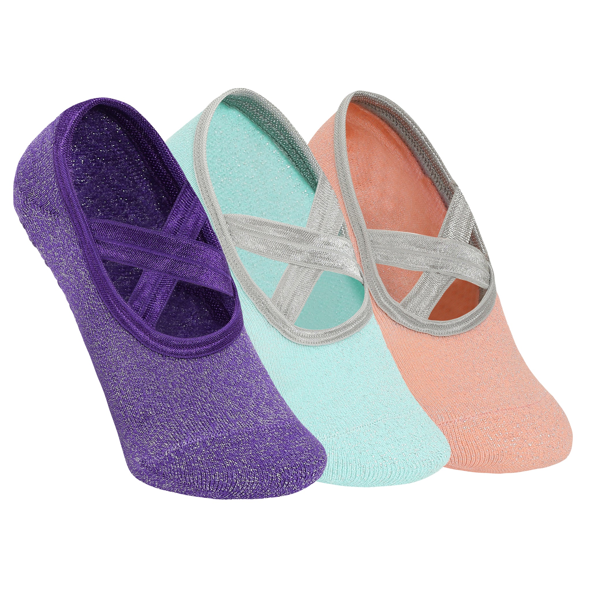 Yoga and Pilates Non-Slip Socks for Women - Set of 3 Shimmer (Light Pink, Purple, Mint Green)