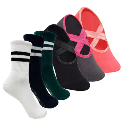 Yoga and Pilates Non-Slip Socks for Women - Set of 6 ( White, Black, Bottle Green, Black, Grey, Peach)