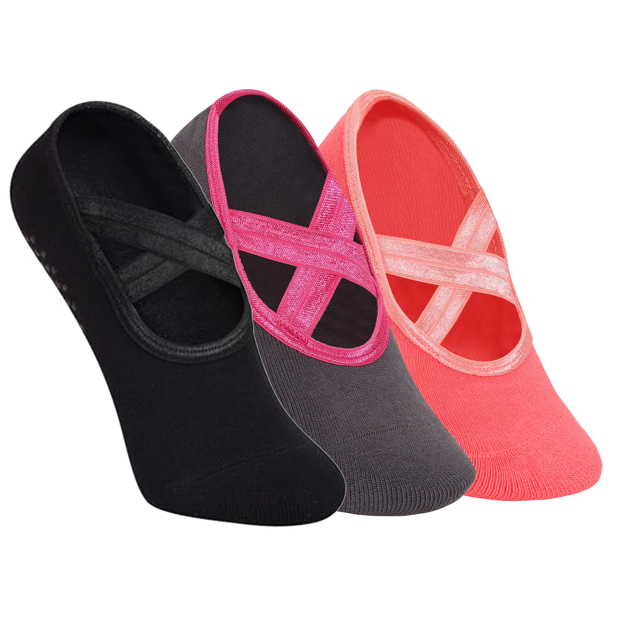 Yoga and Pilates Non-Slip Socks for Women - Set of 3 (Black, Grey & Peach)