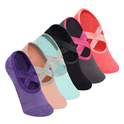 Yoga and Pilates Non-Slip Socks for Women - Set of 6 (Purple, Pink, Mint Green, Black, Grey, Peach)