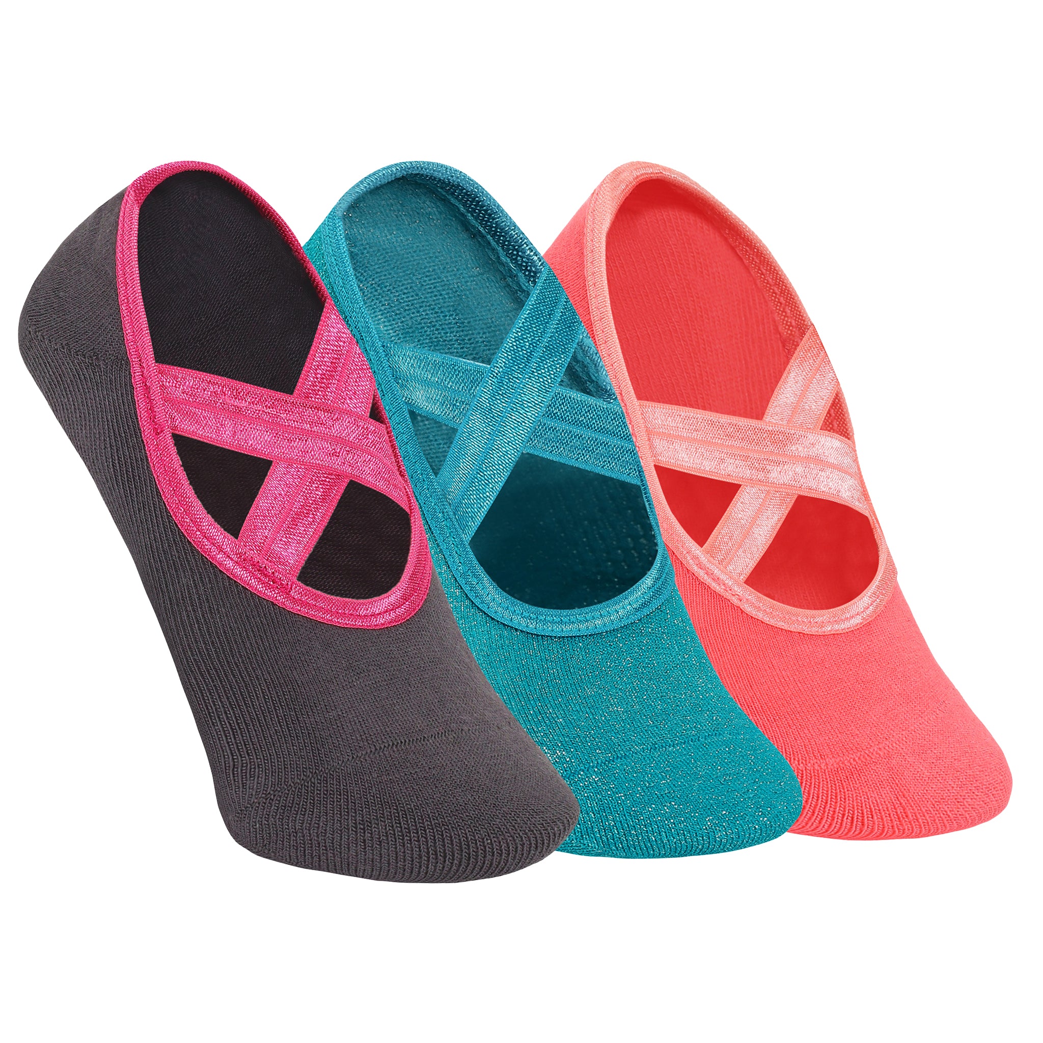 Yoga and Pilates Non-Slip Socks for Women - Set of 3 (Charcoal Grey, Peach, Shimmer Blue)