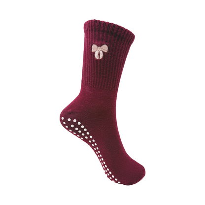 Yoga and Pilates Crew/ Full length Non-Slip Socks for Women - Bow Maroon