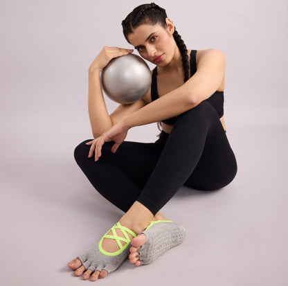 Yoga and Pilates Open Toe Non-Slip Socks for Women - Grey & Neon Green
