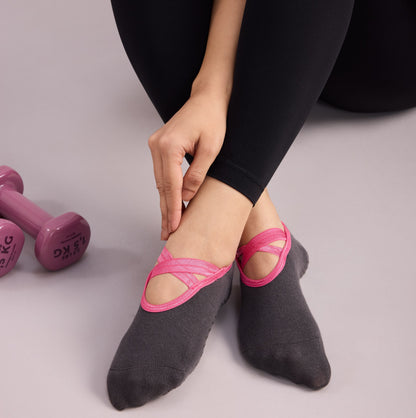 Yoga and Pilates Non-Slip Socks for Women - Set of 3 (Charcoal Grey, Light grey, Pilates Blue Two Way)