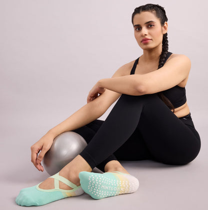 Yoga and Pilates Non-Slip Socks for Women - Set of 3 (Two Toned White & turquoise green, Mint Green & Dark Green, Cream & Pink)