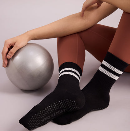 Yoga and Pilates Crew/ Full length Non-Slip Socks for Women - Set of 3 (White, Black, Bottle Green)