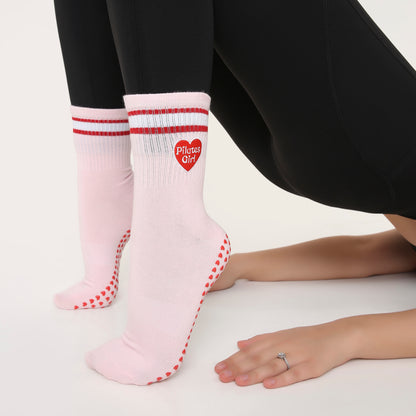 Yoga and Pilates Crew/ Full length Non-Slip Socks for Women - Rose Red Pilates Girl
