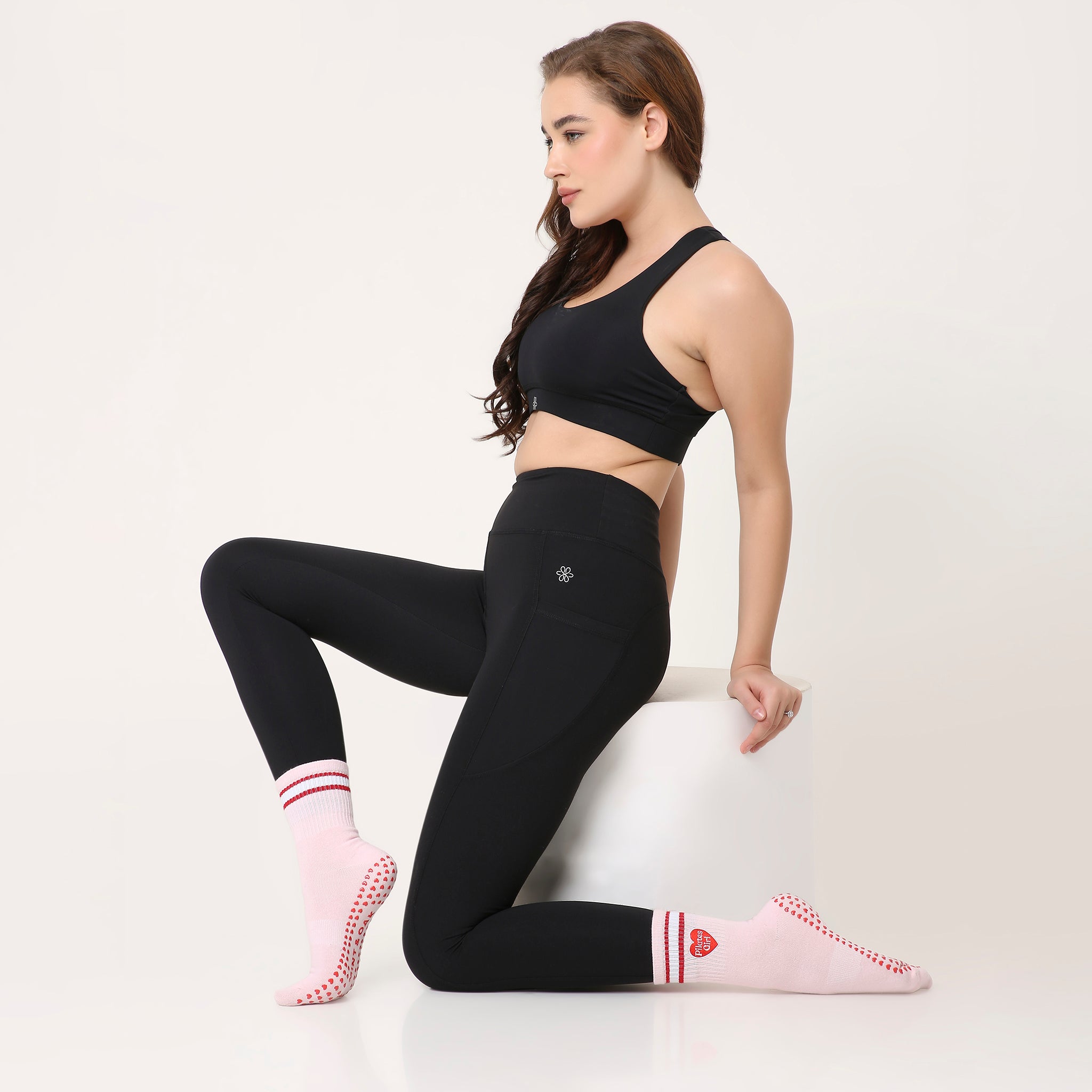Yoga and Pilates Crew/ Full length Non-Slip Socks for Women - Rose Red Pilates Girl