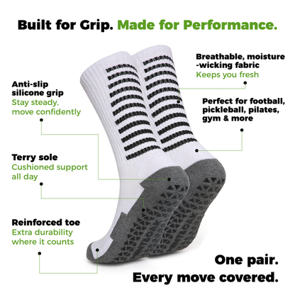 Men’s Crew Length Performance Grip Socks – Black with white strips