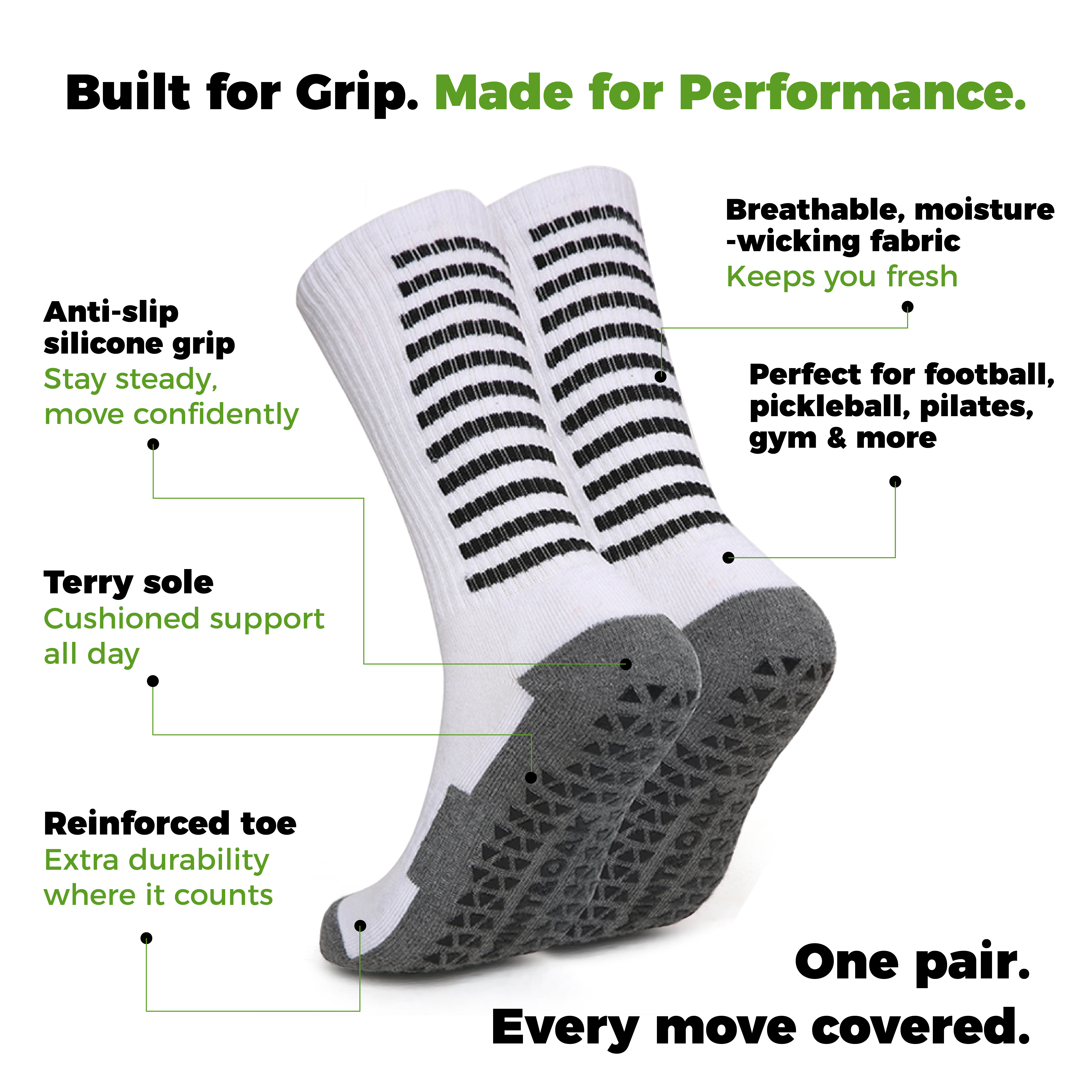 Men’s Crew Length Performance Grip Socks – White with black strips