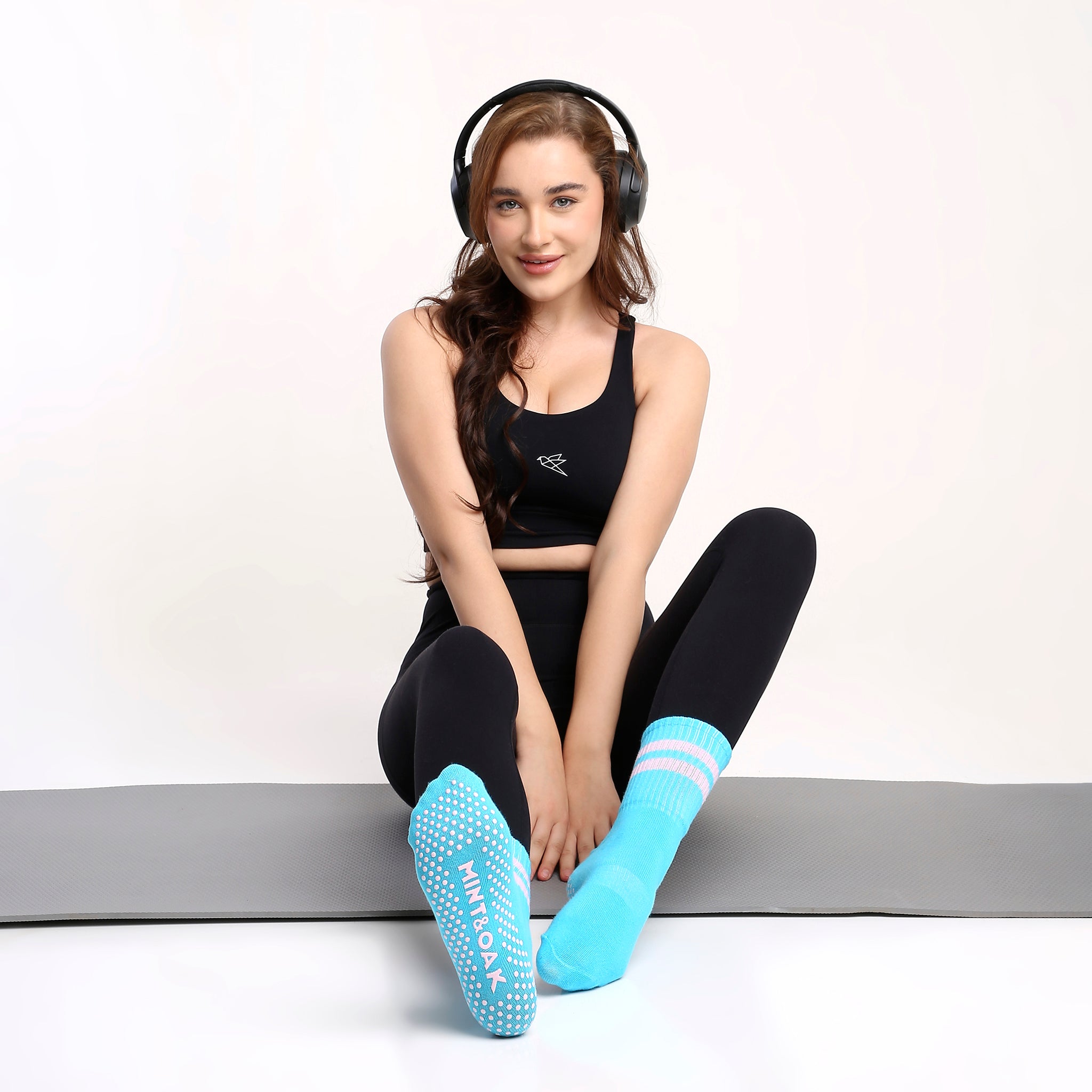 Yoga and Pilates Crew/ Full length Non-Slip Socks for Women - Light Blue & Pink