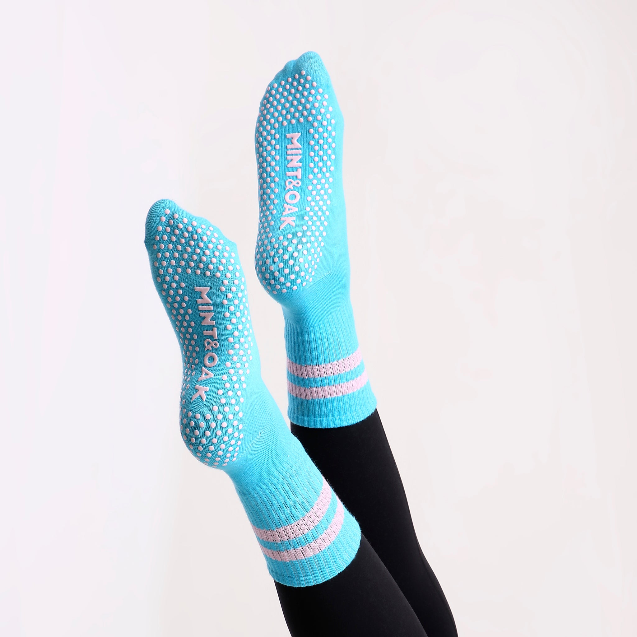 Yoga and Pilates Crew/ Full length Non-Slip Socks for Women - Light Blue & Pink