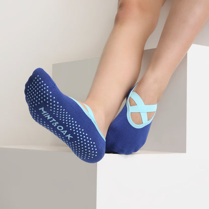 Yoga and Pilates Non-Slip Socks for Women - Set of 3 (Charcoal Grey, Light grey, Pilates Blue Two Way)