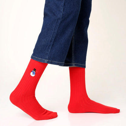 Ribbed Embroidered Snowman Crew Socks For Men