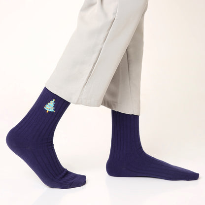 Ribbed Embroidered Christmas Tree Crew Socks For Men