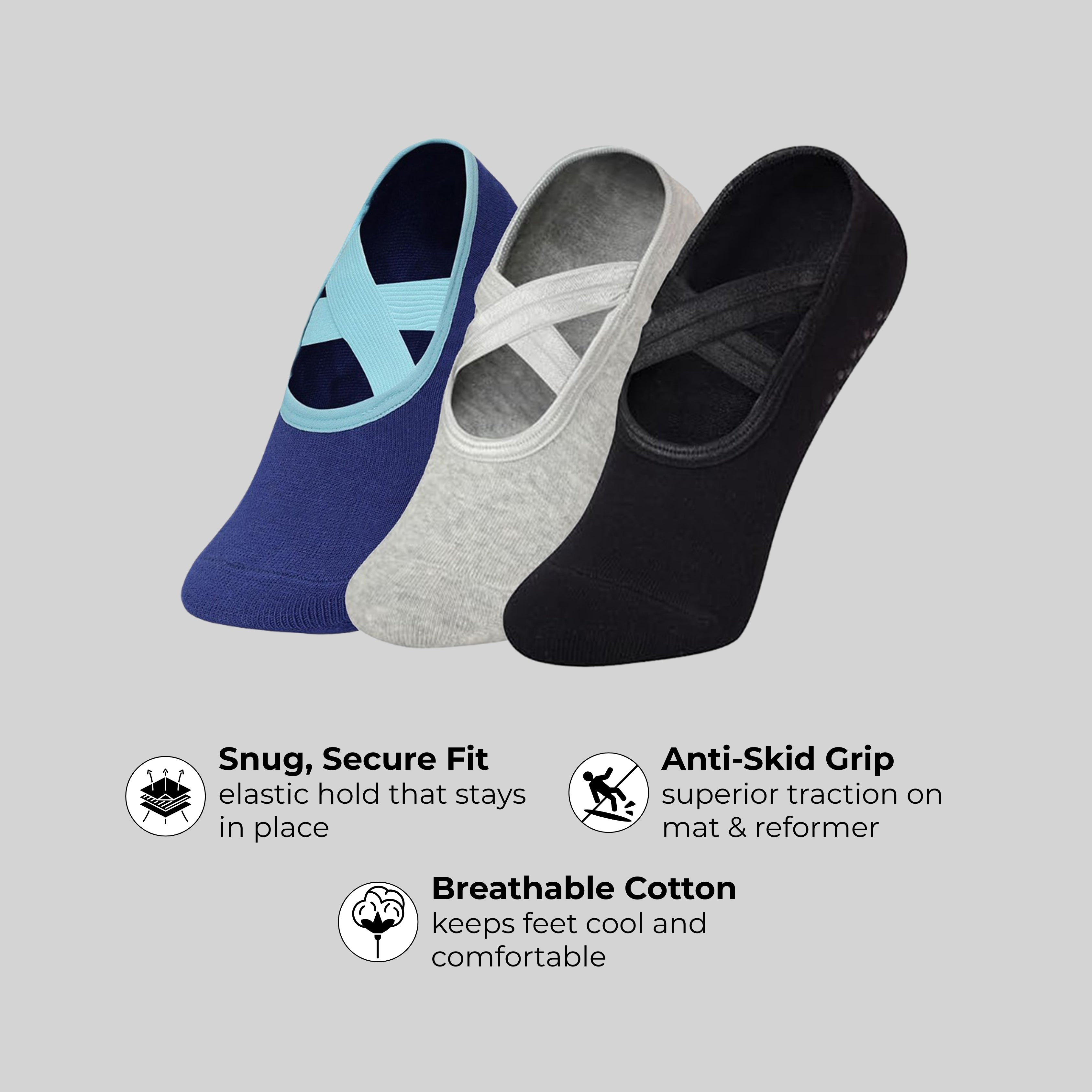 Yoga and Pilates Non-Slip Socks for Women - Set of 3 ( Pilates Blue Two Way, Black, Light grey,)
