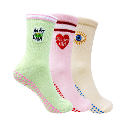 Yoga and Pilates Non-Slip Socks for Women - Set of 3 (Green, Pink, Off White)