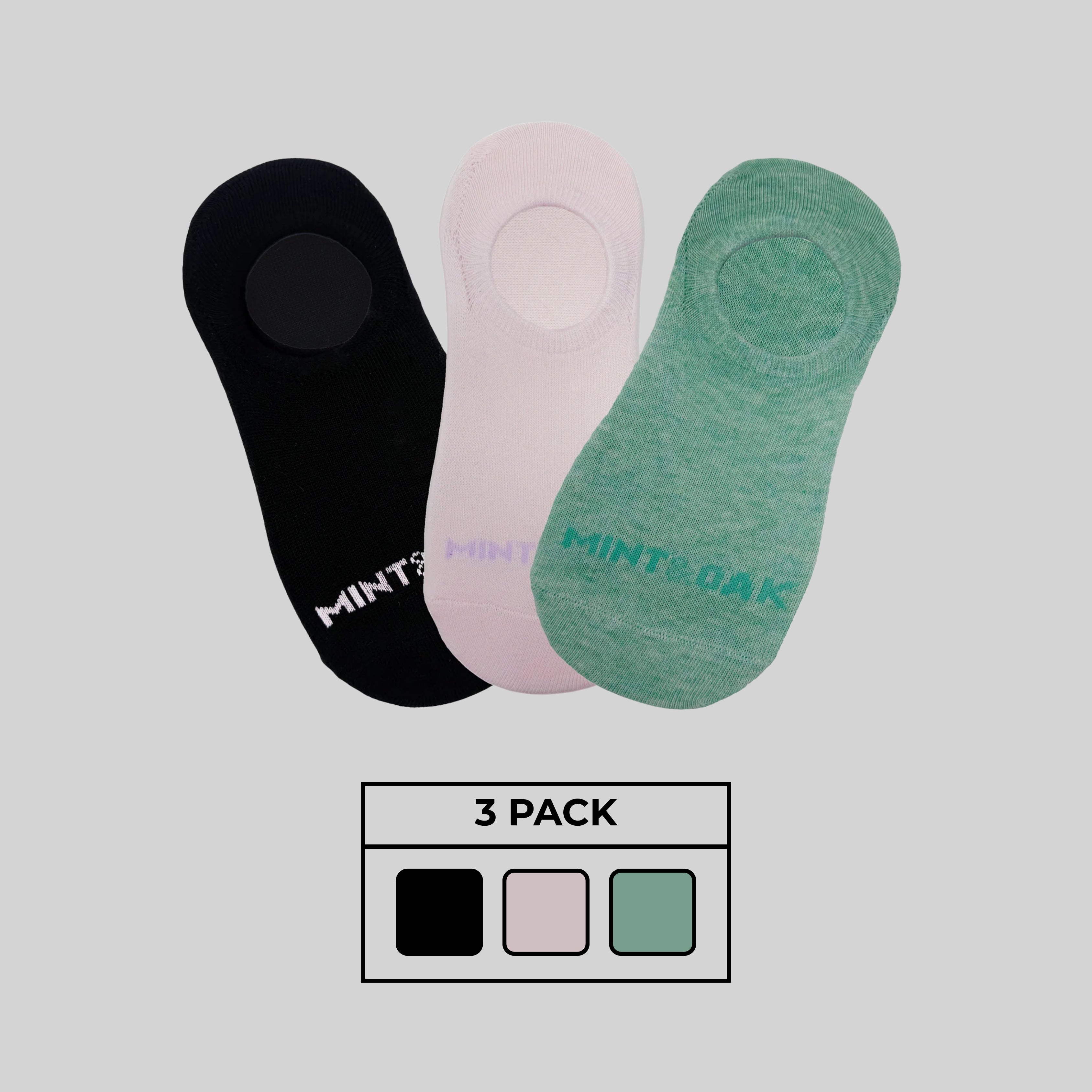 Sneaker No Show Combo For Women - Set of 3 (Black, Light Pink, Mint Green)