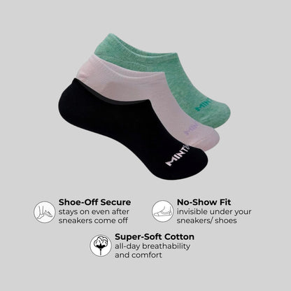 Sneaker No Show Combo For Women - Set of 3 (Black, Light Pink, Mint Green)
