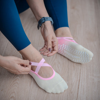 Yoga and Pilates Non-Slip Socks for Women - Set of 3 (Two Toned White & turquoise green, Mint Green & Dark Green, Cream & Pink)