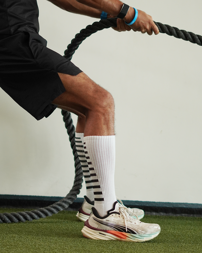 Men’s Crew Length Performance Grip Socks – White with black strips