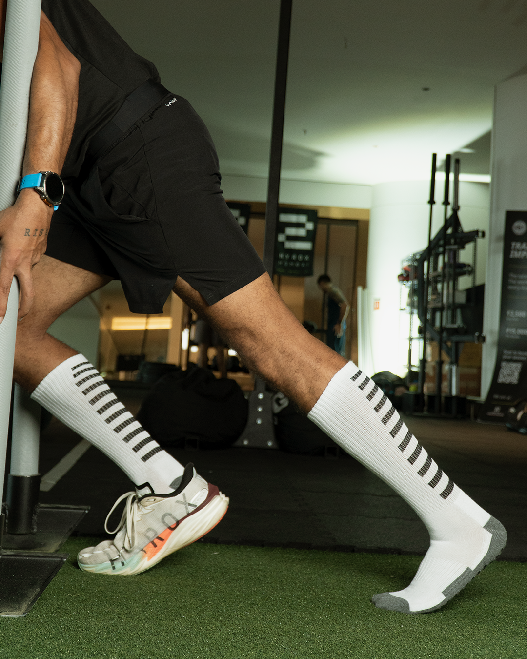 Men’s Crew Length Performance Grip Socks – White with black strips