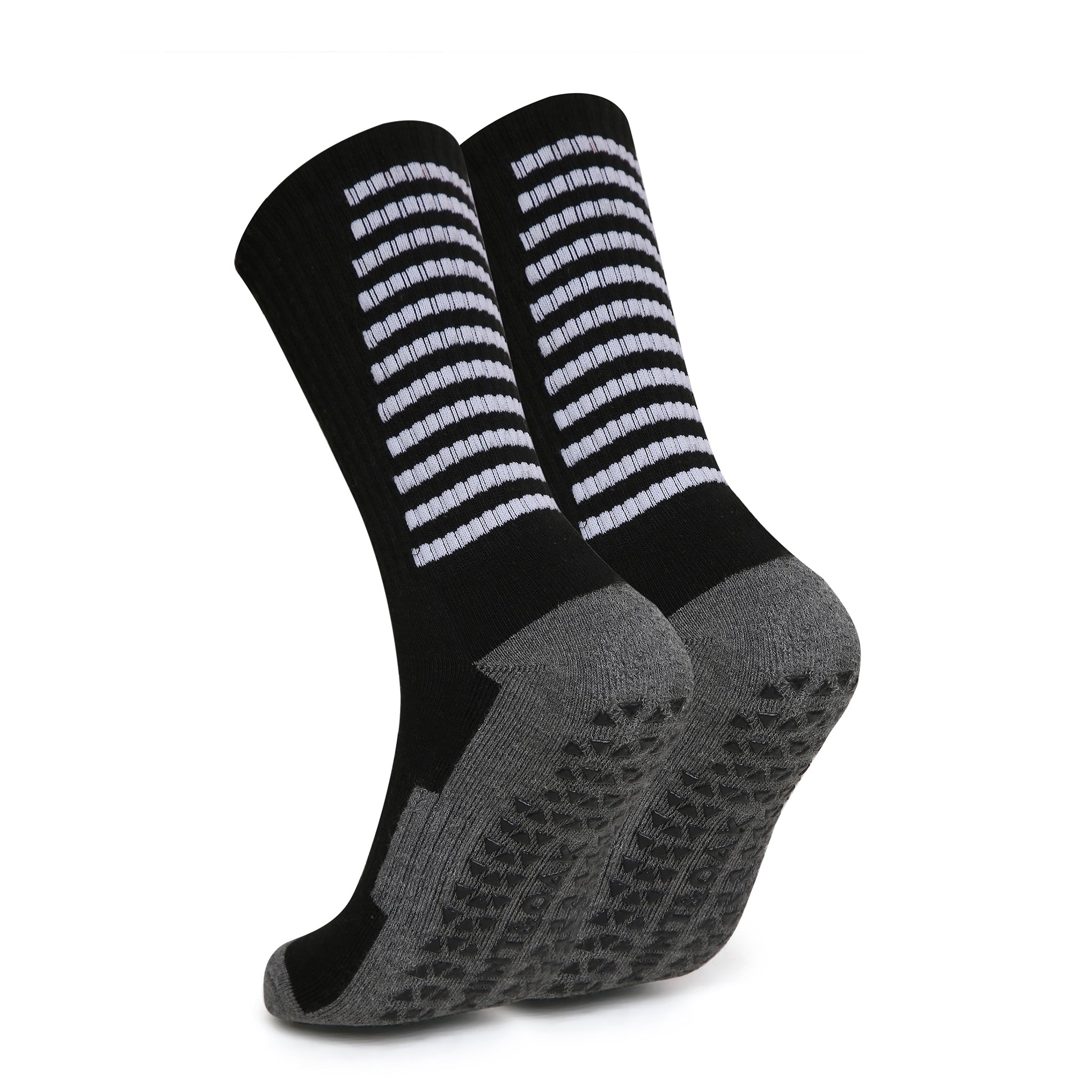 Men’s Crew Length Performance Grip Socks – Black with white strips