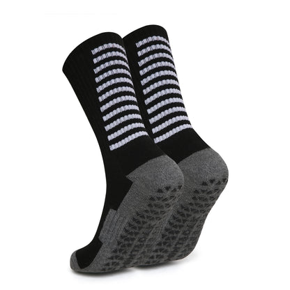 Men’s Crew Length Performance Grip Socks – Black with white strips